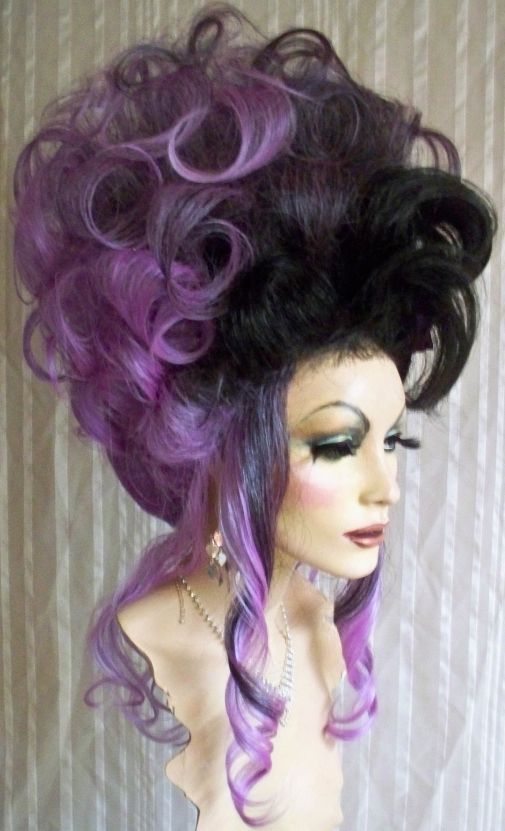 Drag Queen Wig Big Tall Updo Black To Light Purple Tendrils Curls